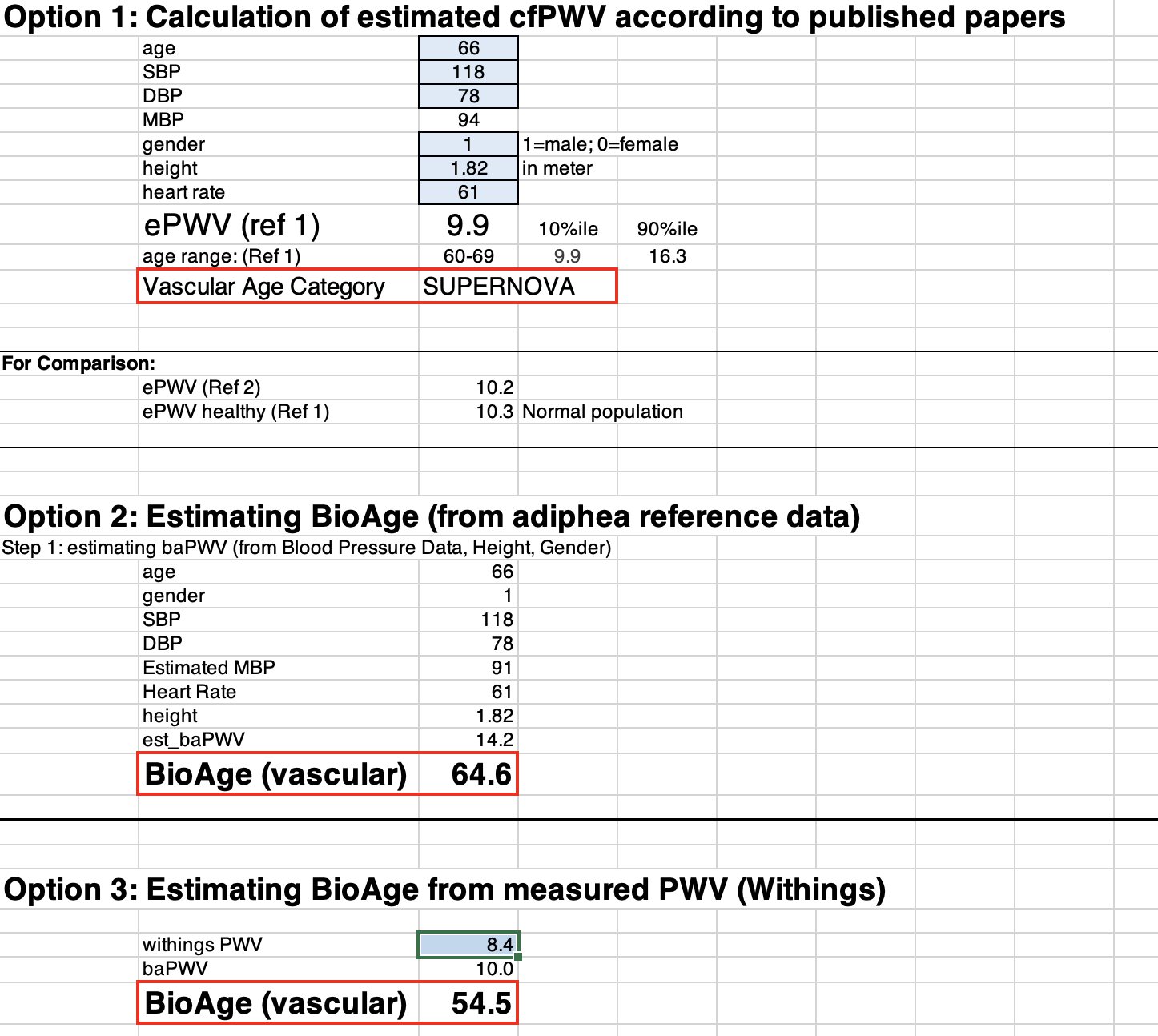 screen shot Excel BioAge file